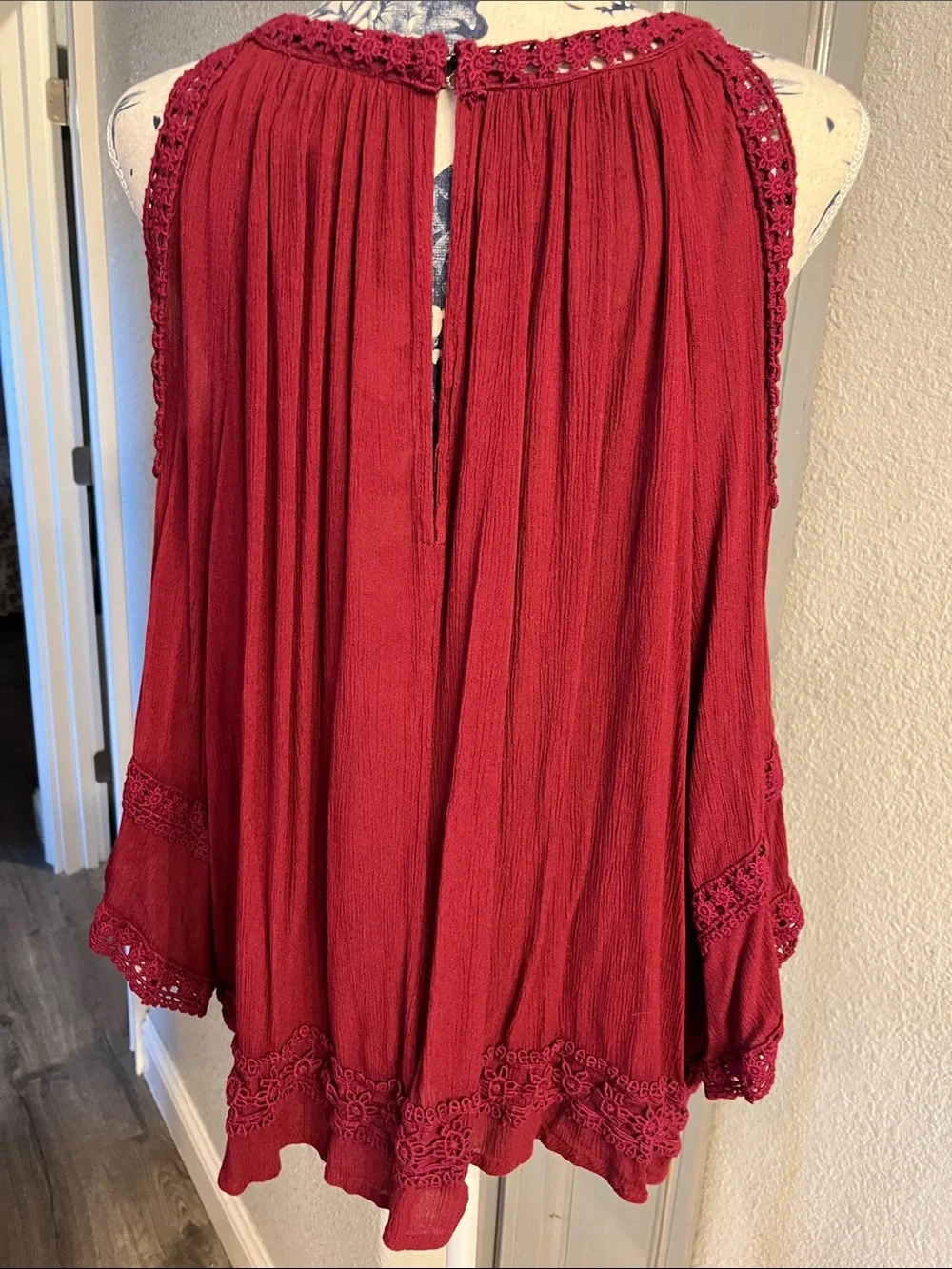 Boho Crochet-Trim Sleeveless Tunic in Wine Red